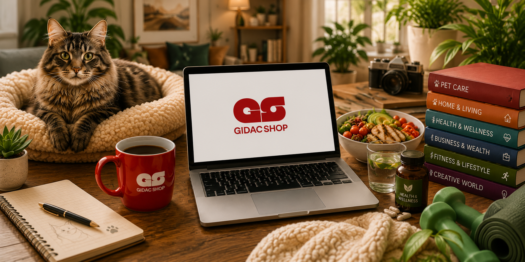 Home office aconchegante com gato e café